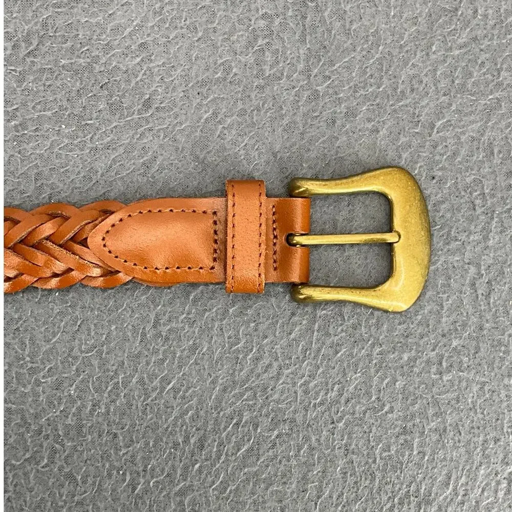 Brown Genuine Leather Braided Belt Brass Buckle Women 34”-38”